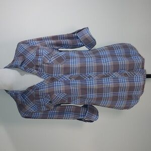 Bongo Grey Periwinkle Blue Roll Tab Sleeve Plaid V-Neck Flannel Size XL